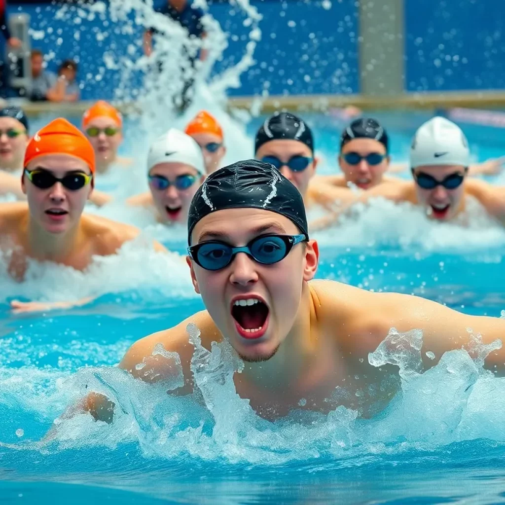 Swimmers from Jamestown High School competing in a relay race