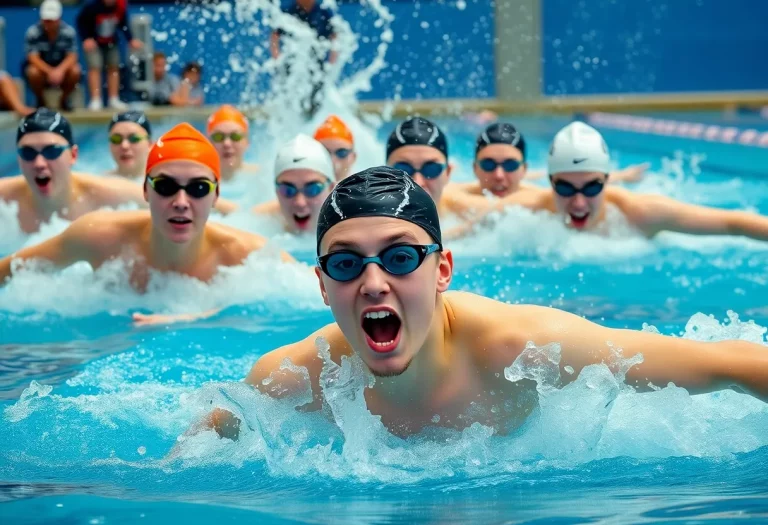 Swimmers from Jamestown High School competing in a relay race