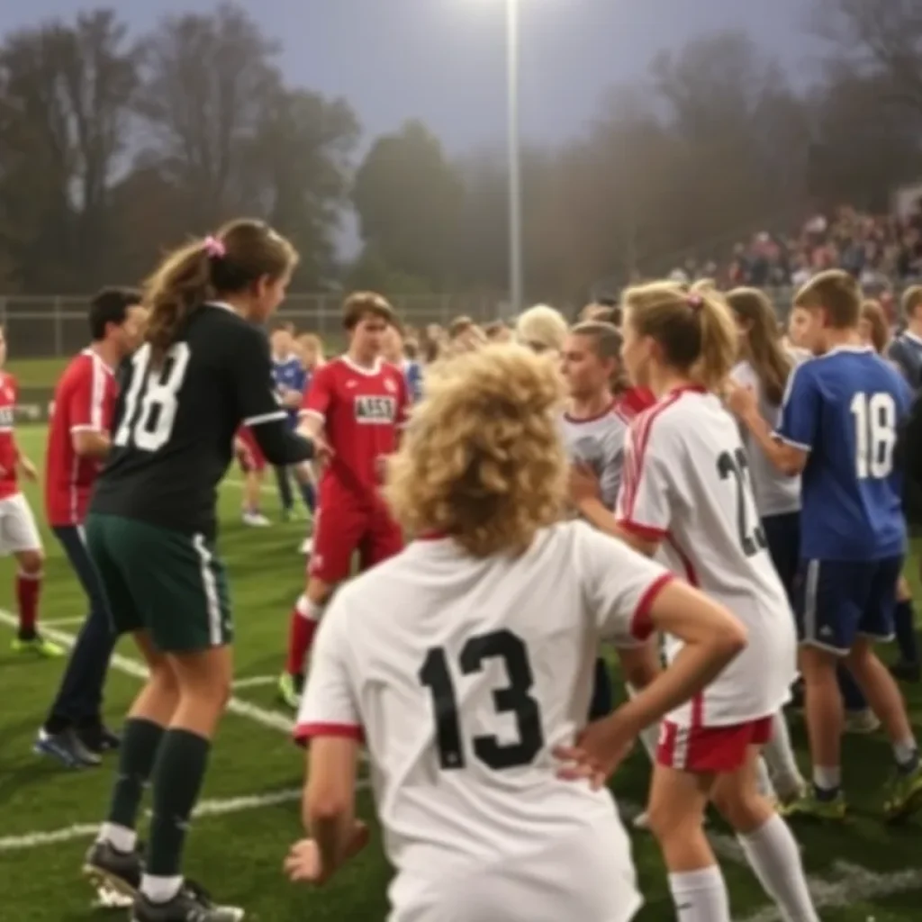 Players from both teams engaged in a tense confrontation after a soccer match.