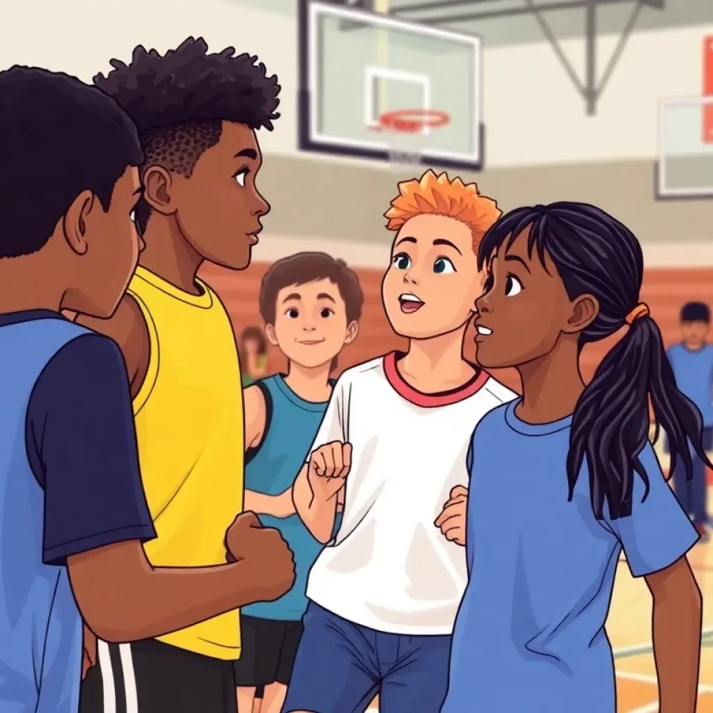 Students participating in a high school basketball game