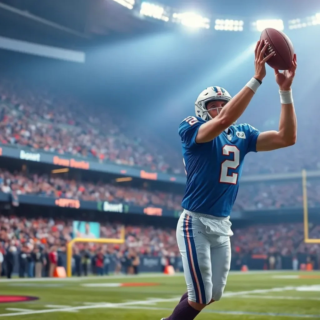 Football quarterback making a touchdown pass in a stadium