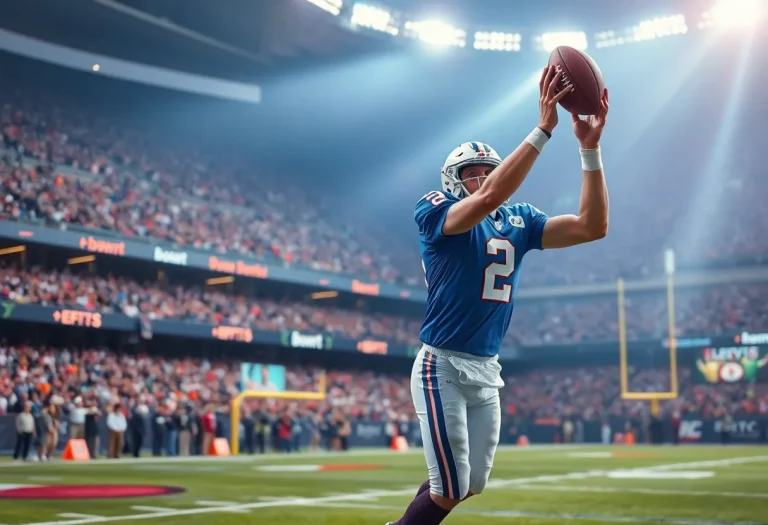 Football quarterback making a touchdown pass in a stadium