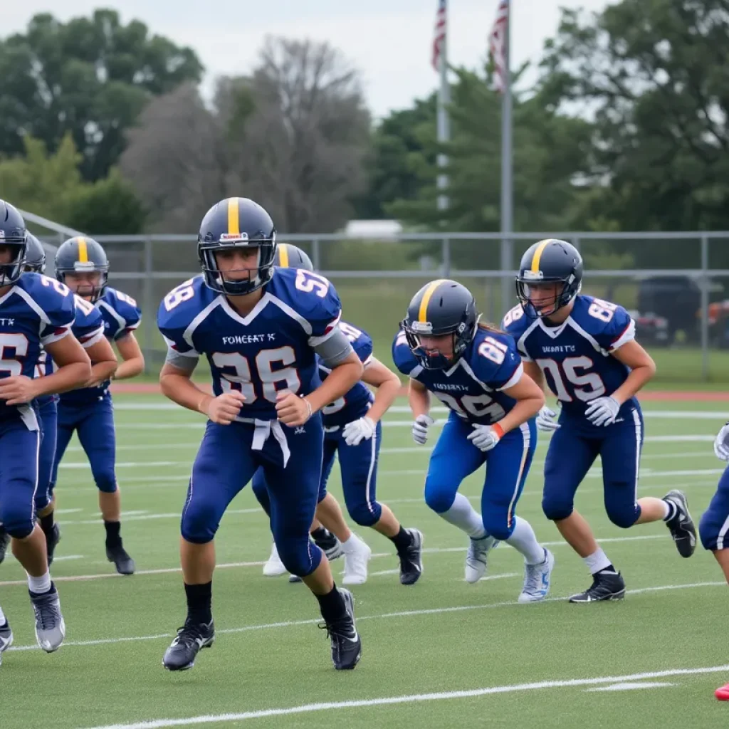 Players in a junior varsity football game on the field.