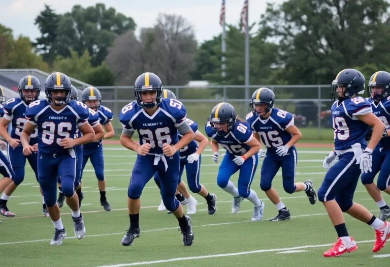 Players in a junior varsity football game on the field.