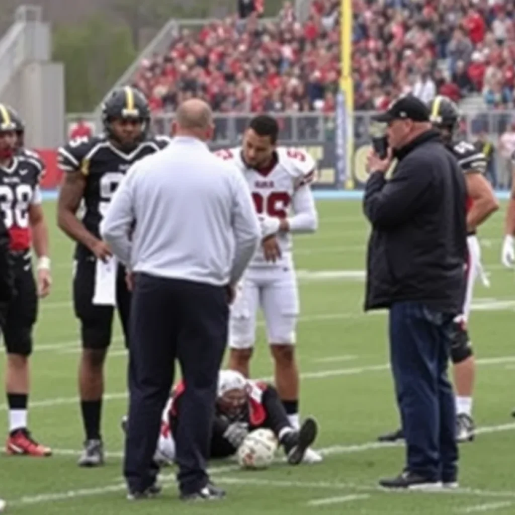 Football players and coaches on the field showing support after an injury