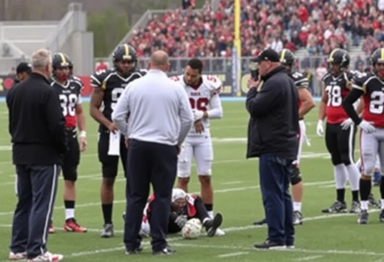 Football players and coaches on the field showing support after an injury
