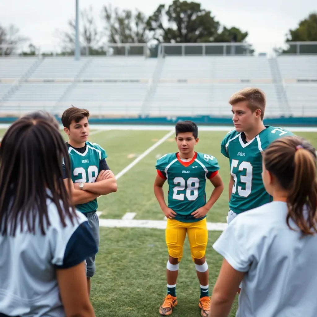 High school football players discussing serious issues on the field