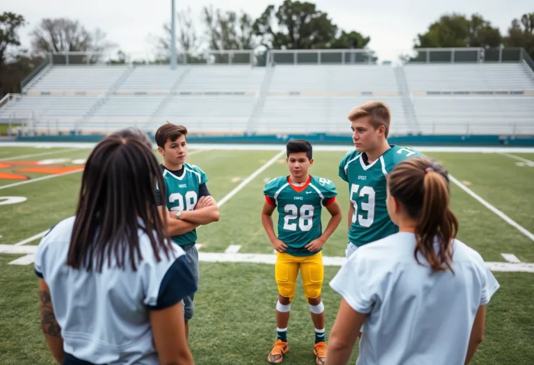 High school football players discussing serious issues on the field