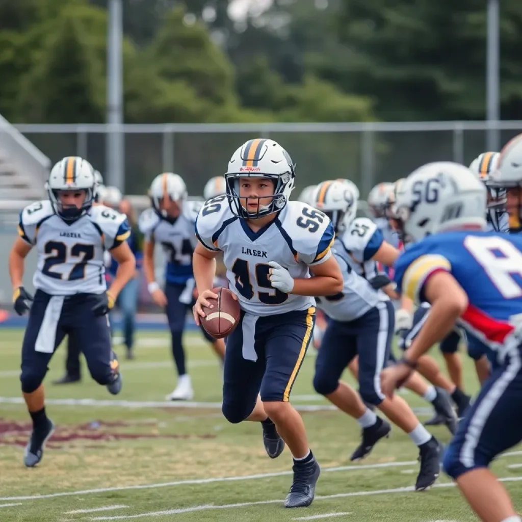 Youth football players on the field demonstrating sportsmanship