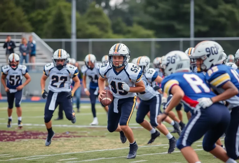 Youth football players on the field demonstrating sportsmanship