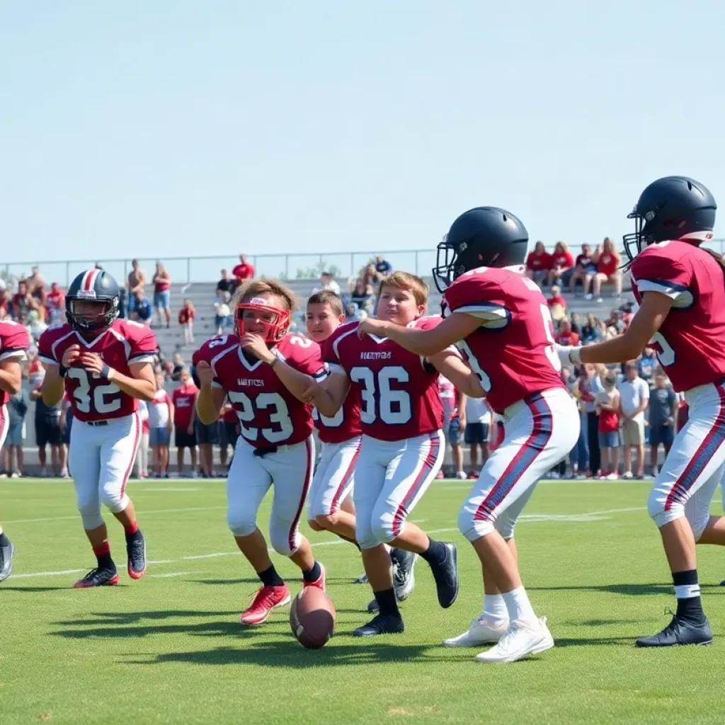 High school football players displaying sportsmanship on the field.