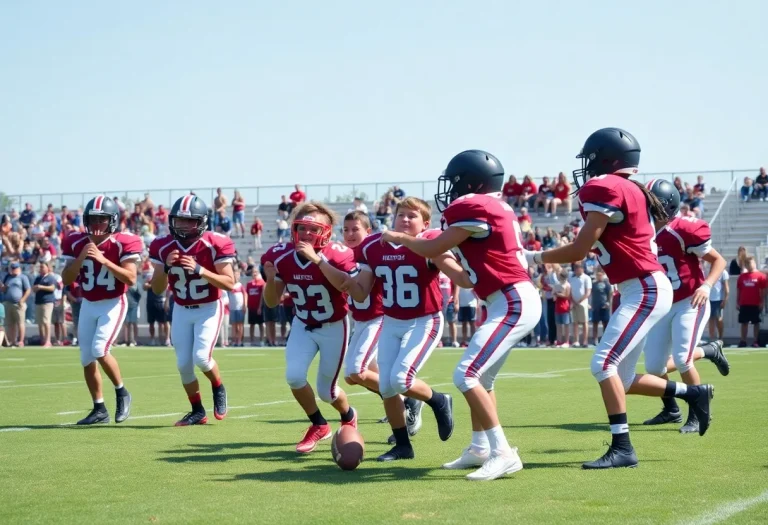 High school football players displaying sportsmanship on the field.