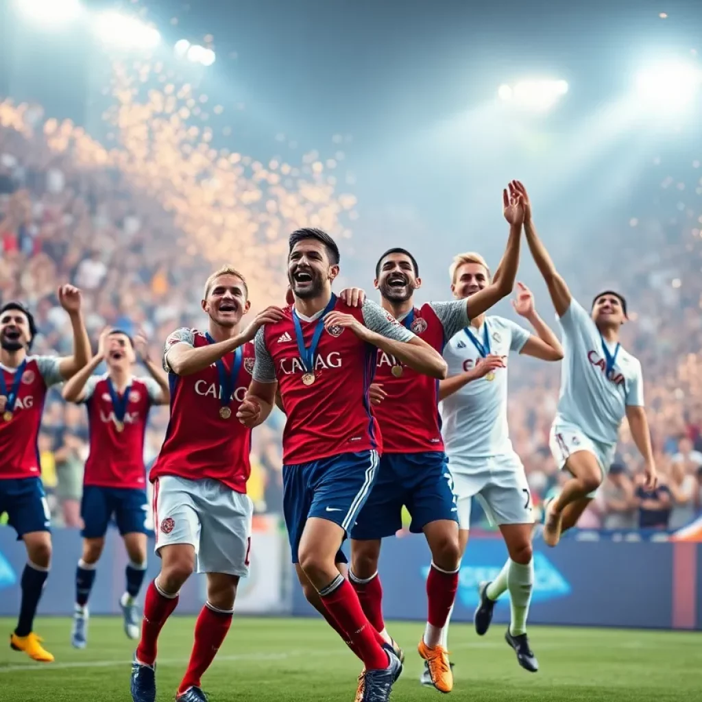 Kalispell Glacier boys soccer team celebrating their championship victory
