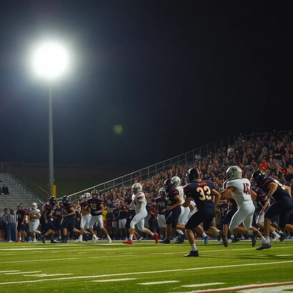 A high school football game in action with players on the field.
