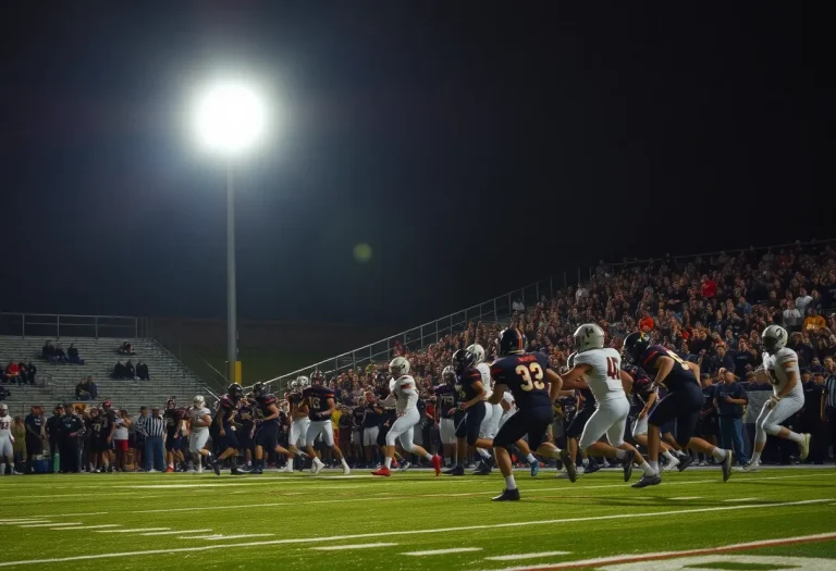 A high school football game in action with players on the field.