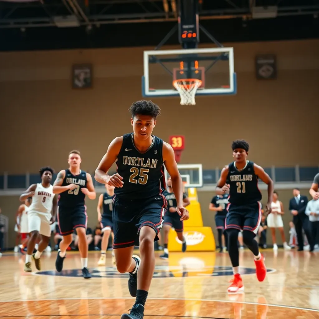 Players on a basketball court representing collegiate basketball excitement.