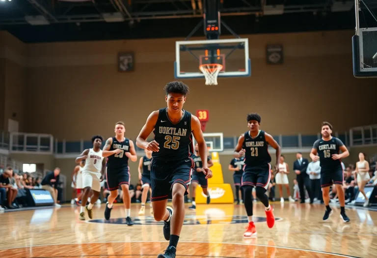 Players on a basketball court representing collegiate basketball excitement.
