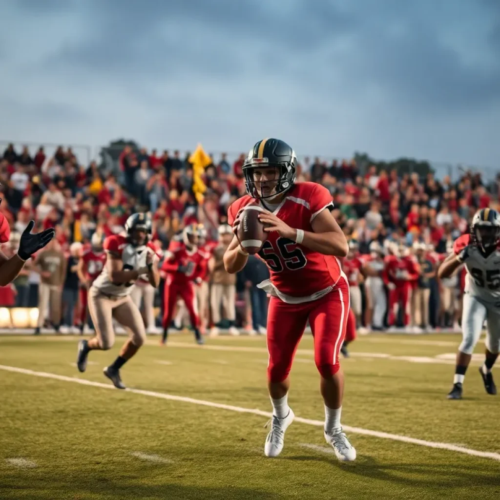 High school football game with players in action and cheering fans.