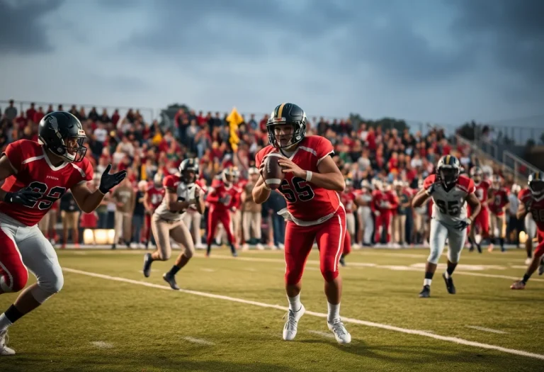 High school football game with players in action and cheering fans.