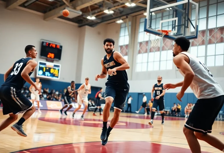 Players competing in a Kentucky high school basketball game with a shot clock in view.