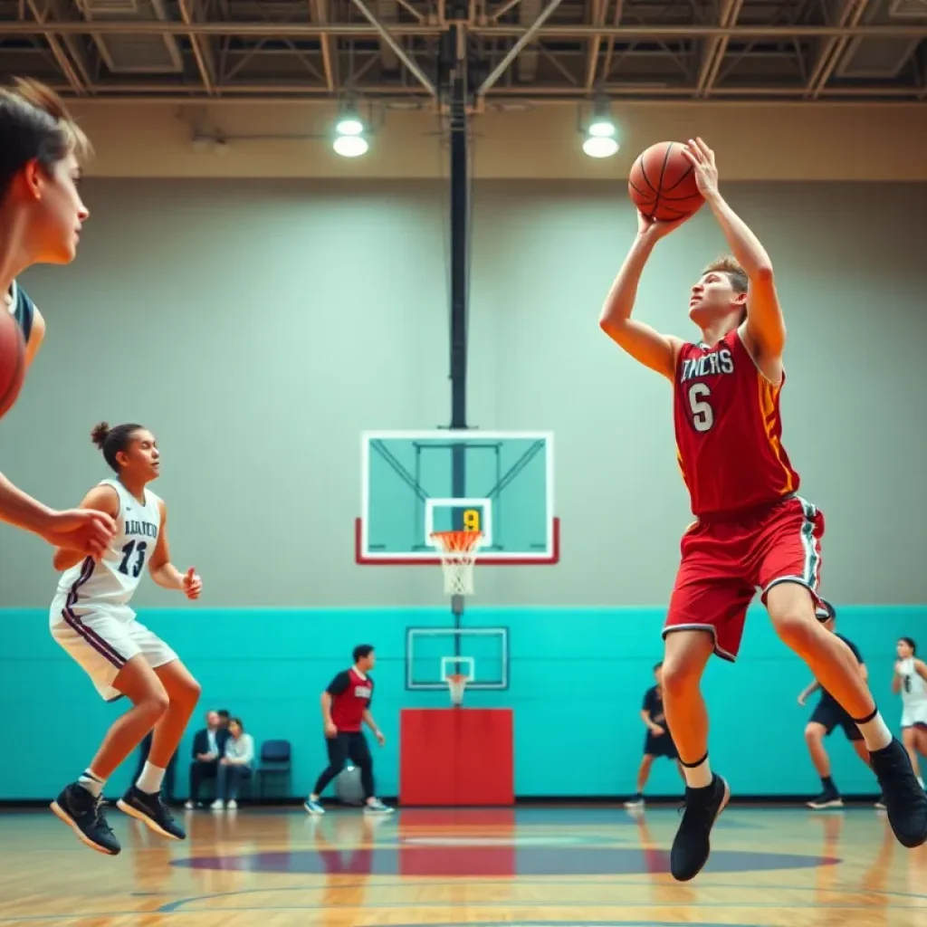 High school basketball players competing with a visible shot clock