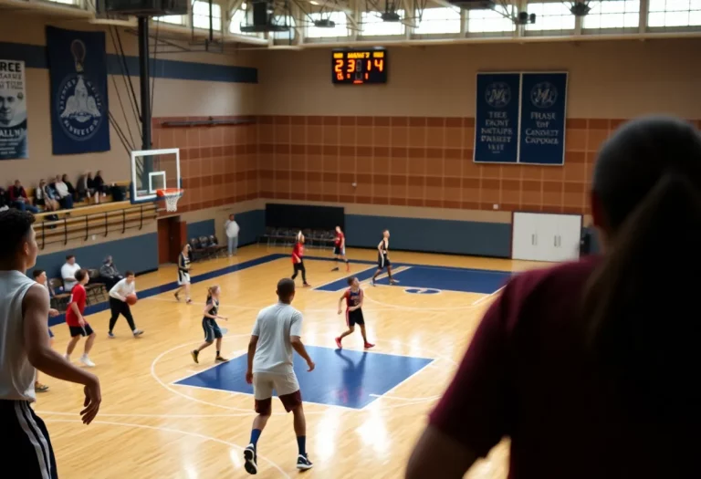High school basketball players in action on the court with a shot clock.