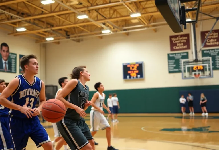 Players in a high school basketball game with a shot clock