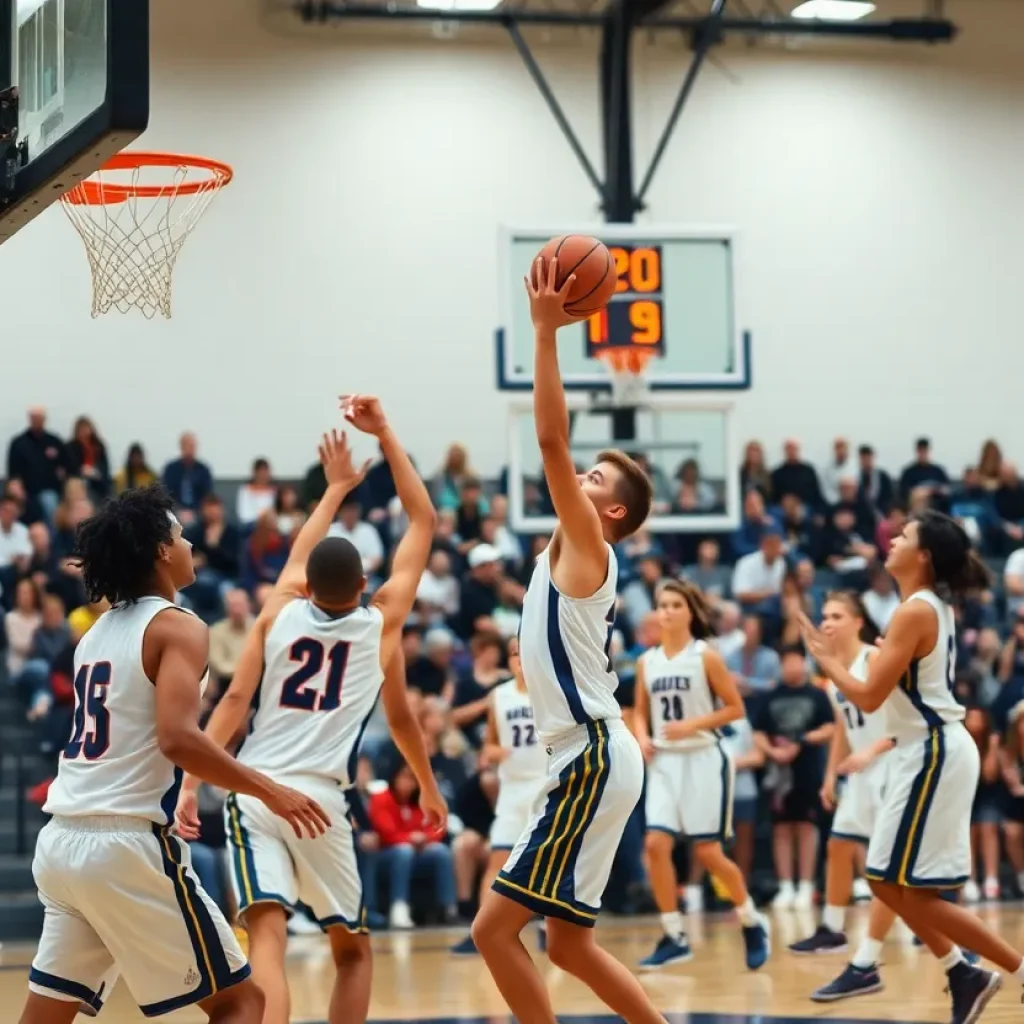 Players in a high school basketball game with a shot clock visible