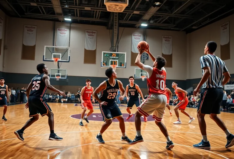 Kentucky high school basketball players in action during a game with a shot clock visible.
