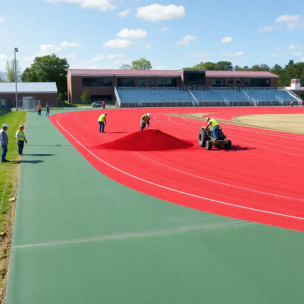 Workers applying red cinder to La Salle track
