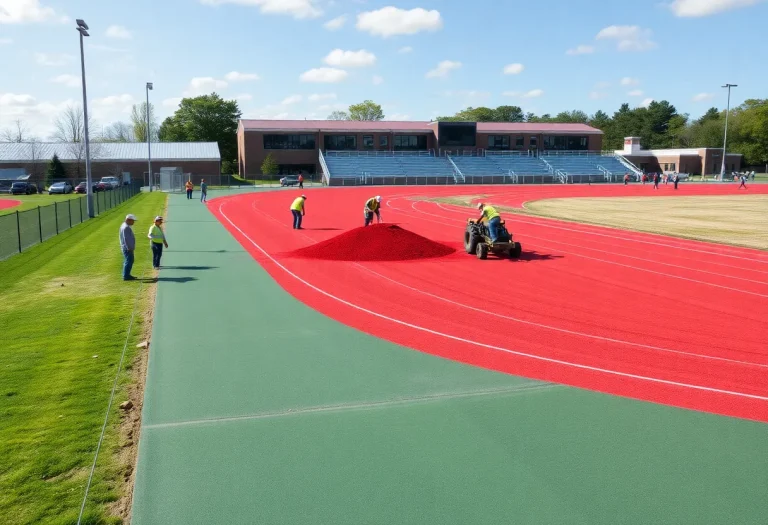 Workers applying red cinder to La Salle track