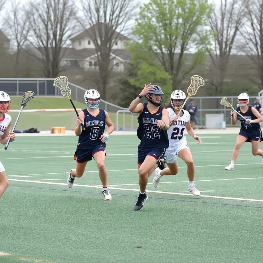 Players in a competitive lacrosse game, demonstrating teamwork and athleticism