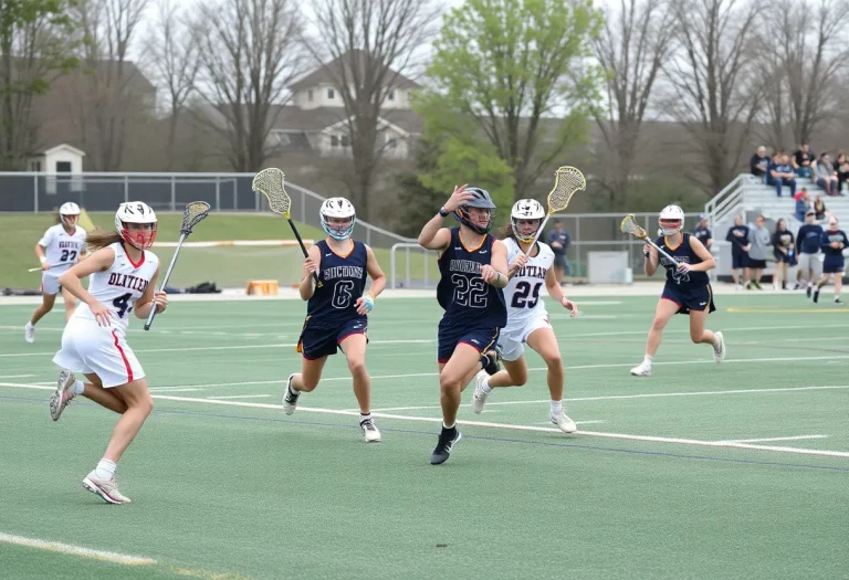 Players in a competitive lacrosse game, demonstrating teamwork and athleticism