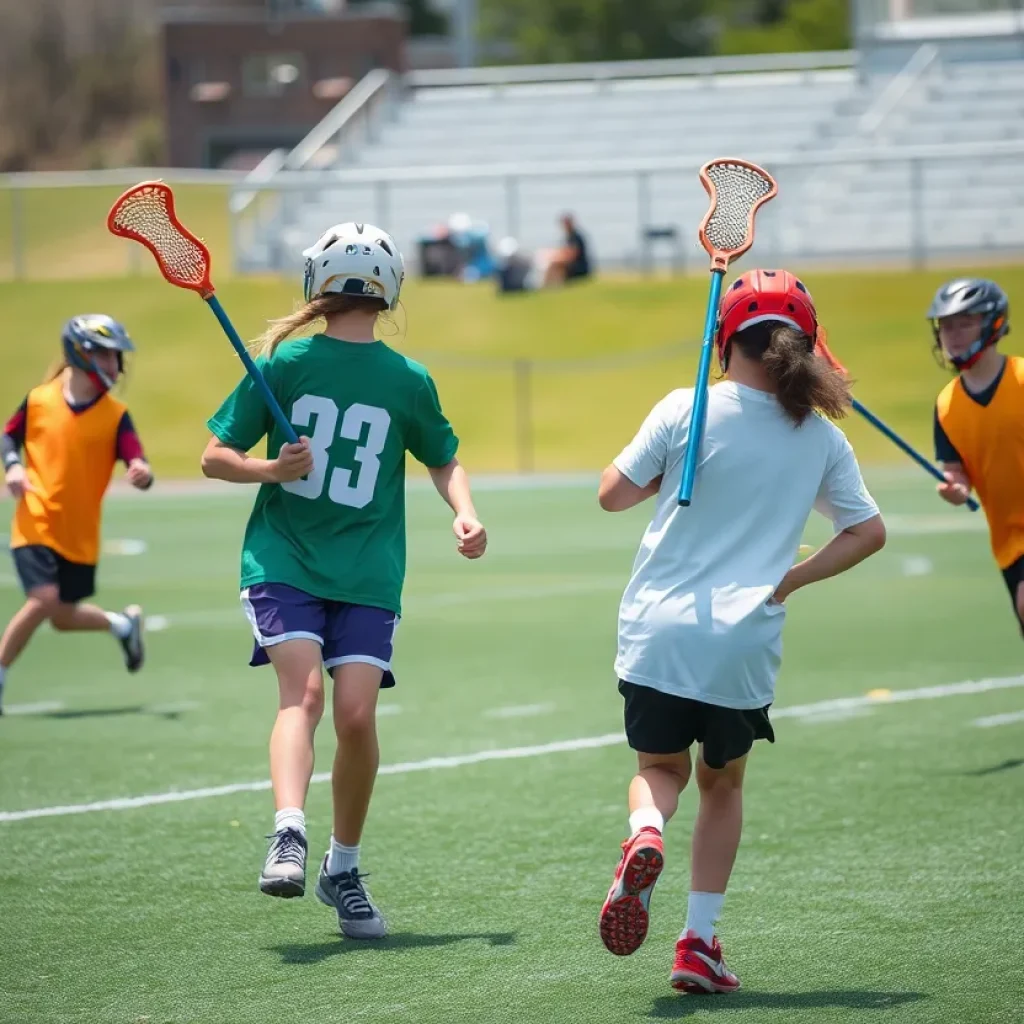 Young athletes practicing lacrosse on a field