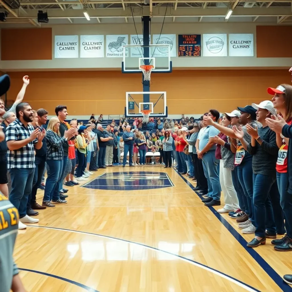Lakeview High School alumni playing basketball during homecoming game.