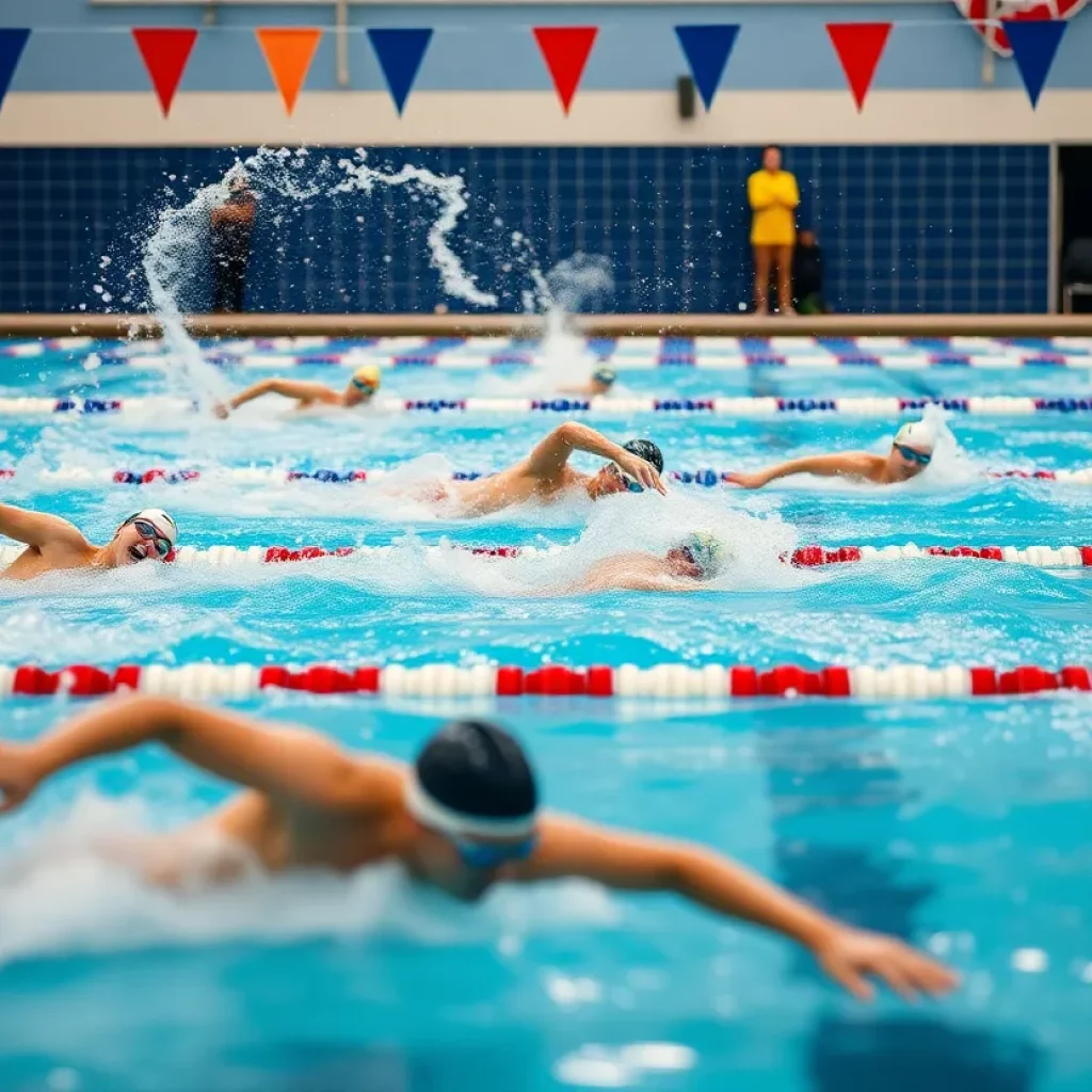 Swimmers racing in a pool during a competitive meet