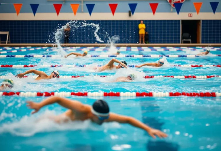 Swimmers racing in a pool during a competitive meet