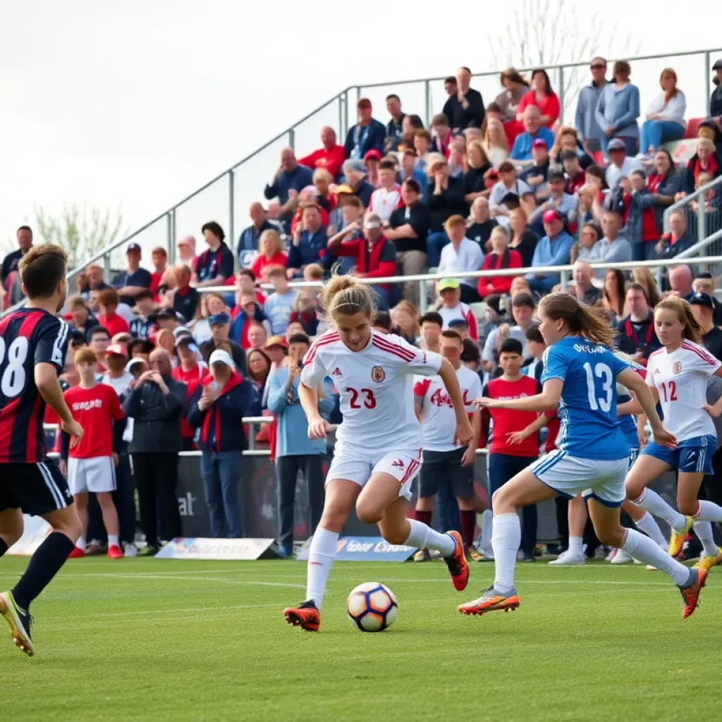 High school soccer players competing on the field with cheering fans in the background.