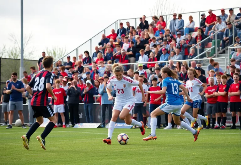 High school soccer players competing on the field with cheering fans in the background.