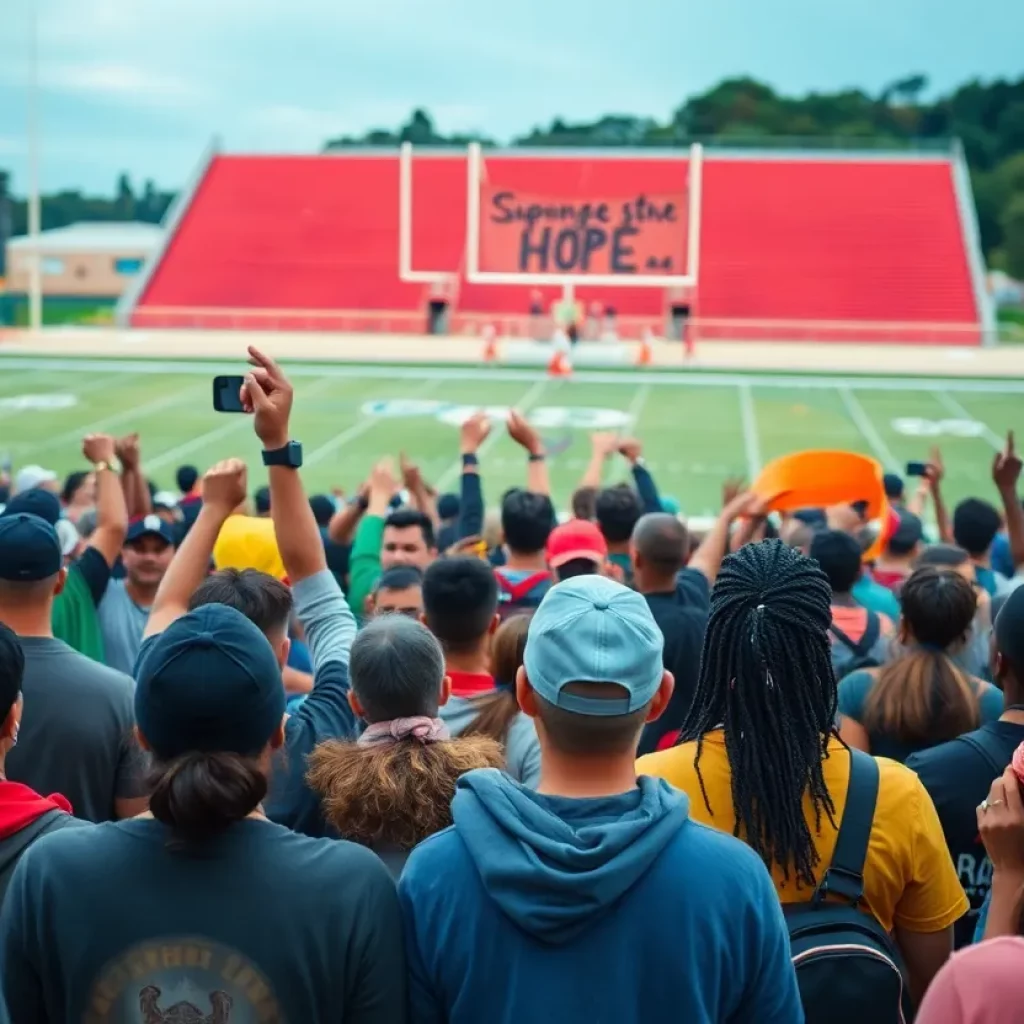 Community members gathering to support an injured football player
