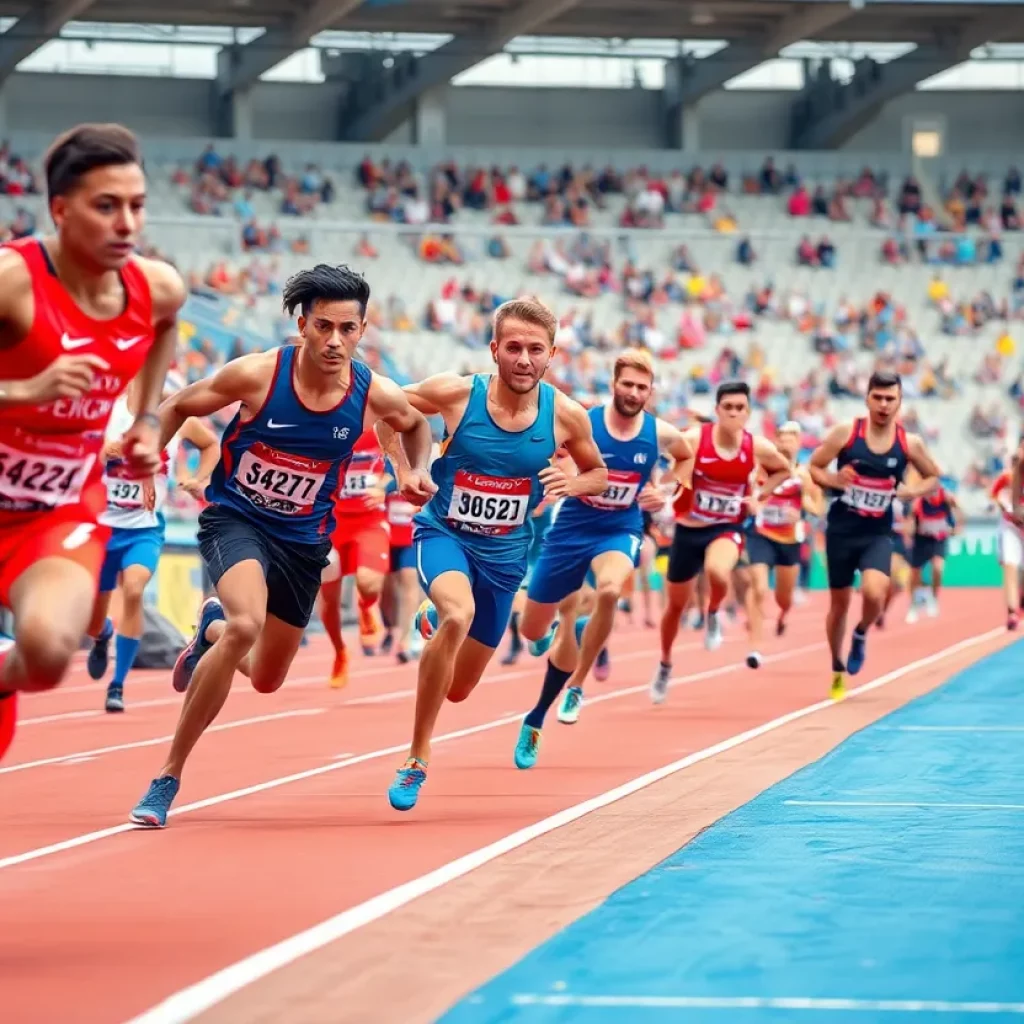 Athletes racing on a track during a competition with a cheering crowd in the background