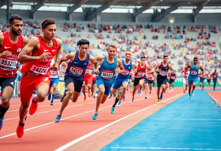 Athletes racing on a track during a competition with a cheering crowd in the background