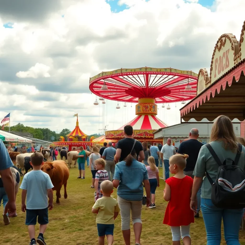 Families enjoying the Lincoln County Fair with rides and food stalls