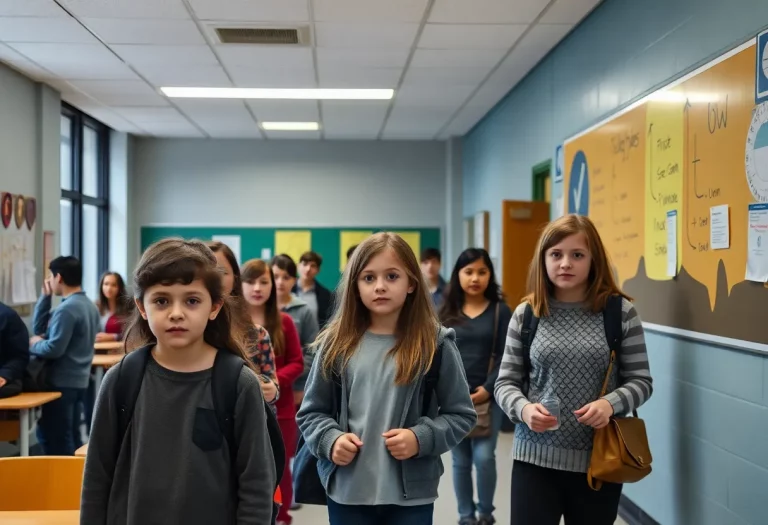 Empty high school hallway reflecting concern and misconduct