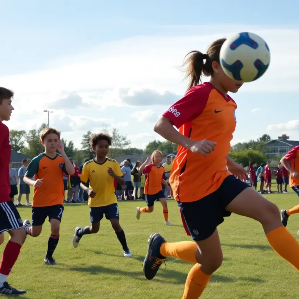 High school soccer players competing at Remich Park, Littleton
