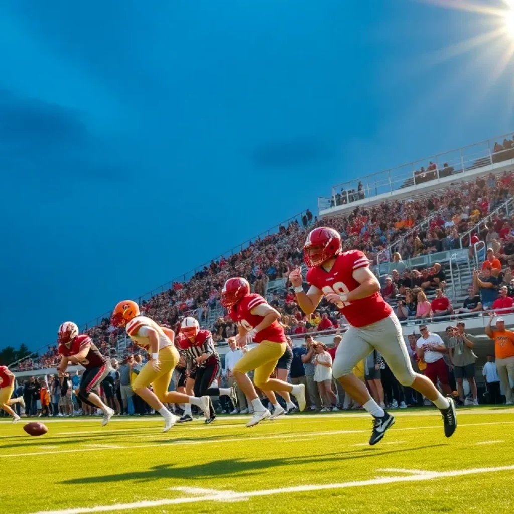 Exciting high school football game in Louisiana with players on the field and enthusiastic crowd.