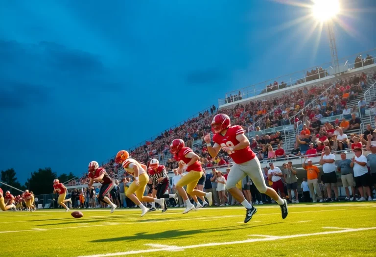 Exciting high school football game in Louisiana with players on the field and enthusiastic crowd.
