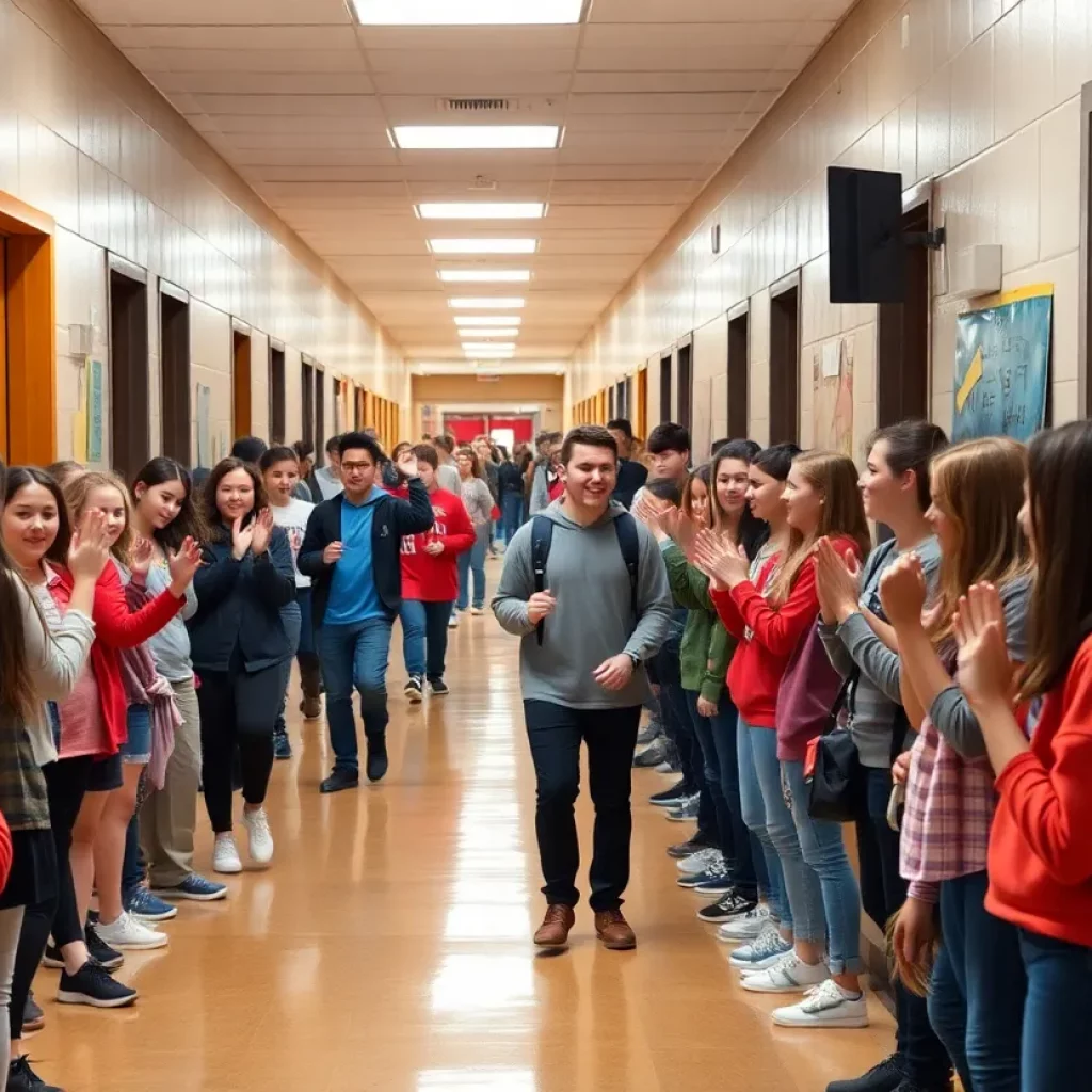 Students cheering in school hallway as Lucas Bradshaw returns after recovery from bus crash
