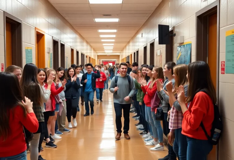 Students cheering in school hallway as Lucas Bradshaw returns after recovery from bus crash