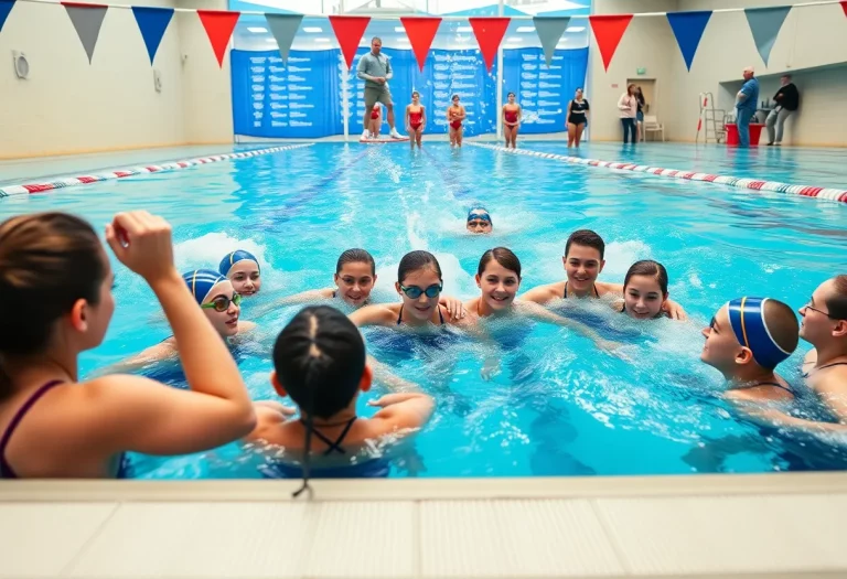 Lyons Township High School girls swimming team training in a pool.